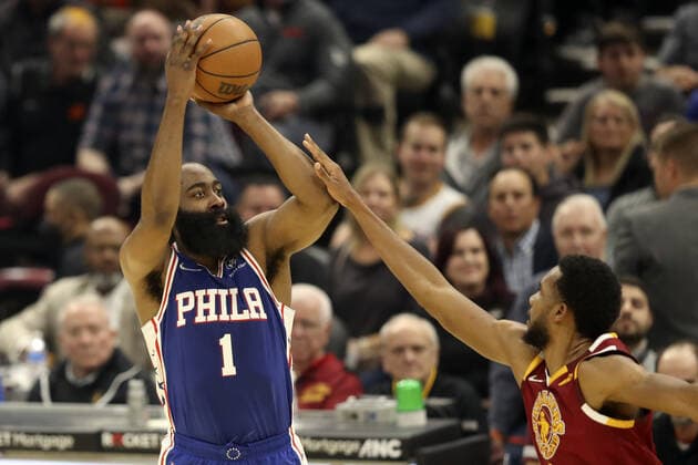 Philadelphia 76ers James Harden (1) shoots over Cleveland Cavaliers Evan Mobley (4) at Rocket Mortgage Field House in Cleveland, Ohio on Wednesday, March 16, 2022.  CLE202203161106 AARONxJOSEFCZYK