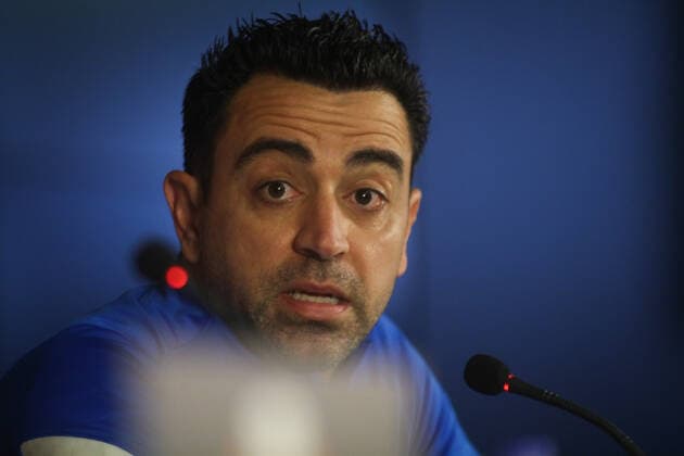 Barcelona press conference, PK, Pressekonferenz Before The Europe League Match Against Galatasaray Barcelona s head coach Xavi Hernandez speaking during Barcelona s press conference before the Europe League match against Galatasaray at NEF stadium, in Istanbul, Turkey, on March 16, 2022. Istanbul Turkey  Copyright: xAhmadxMorax originalFilename:mora-notitle220316_npUK2.jpg