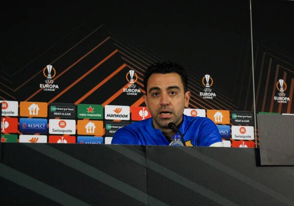 Barcelona press conference, PK, Pressekonferenz Before The Europe League Match Against Galatasaray Barcelona s head coach Xavi Hernandez speaking during Barcelona s press conference before the Europe League match against Galatasaray at NEF stadium, in Istanbul, Turkey, on March 16, 2022. Istanbul Turkey  Copyright: xAhmadxMorax originalFilename:mora-notitle220316_npPv6.jpg