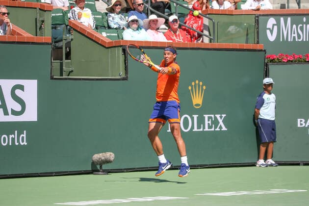 INDIAN WELLS, CA - MARCH 16: Rafael Nadal (ESP) hits a backhand during the BNP Paribas Open on March 16, 2022 at Indian Wells Tennis Garden in Indian Wells, CA. (Photo by George Walker Icon Sportswire) TENNIS: MAR 16 BNP Paribas Open Icon220316057