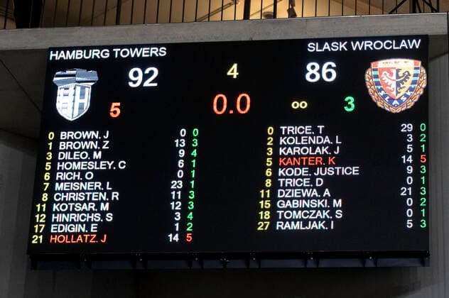Endergebnis Hamburg Towers vs. Slask Wroclaw, Basketball, Eurocup, Gruppenphase, Spieltag 15, Saison 2021 2022, 16.03.2022 Marcel von Fehrn Hamburg Towers vs. Slask Wroclaw, Basketball, Eurocup, Gruppenphase, Spieltag 15, Saison 2021 2022, 16.03.2022 Hamburg Copyright: xEibnerxPressefoto MarcelxvonxFehrnx EP_MFN