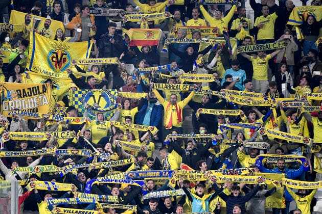 Fans of Villarreal cheer on during the Uefa Champions League round of 16 football match between Juventus FC and Villarreal at Juventus stadium in Torino (Italy), March 16th, 2022. Photo Andrea Staccioli Insidefoto andreaxstaccioli