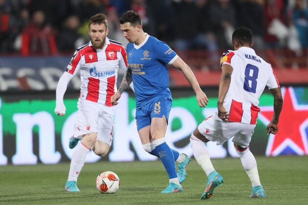 Rangers Ryan Jack vs Aleksandar Katai football Crvena zvezda Red star vs Glasgow Rangers UEFA Europa League match, Rajko Mitic stadium, Belgrade 17.03.2022. Photo: Marko Metlas MN PRESS MarkoxMetlas 