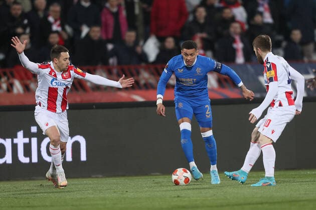 Rangers James Tavernier vs Milan Rodic football Crvena zvezda Red star vs Glasgow Rangers UEFA Europa League match, Rajko Mitic stadium, Belgrade 17.03.2022. Photo: Marko Metlas MN PRESS MarkoxMetlas 