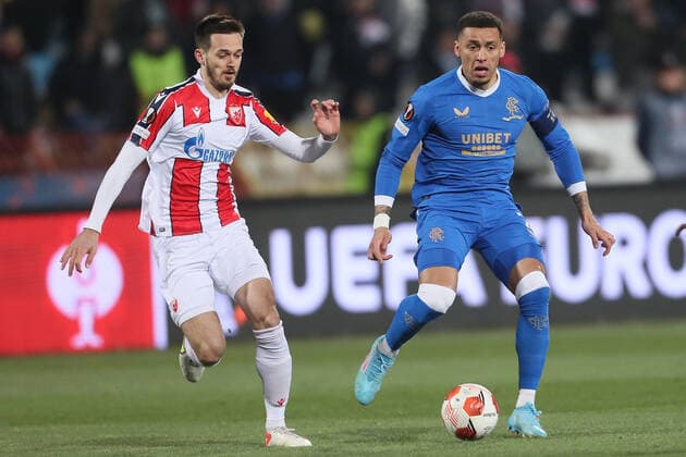 Rangers James Tavernier vs Mirko Ivanic football Crvena zvezda Red star vs Glasgow Rangers UEFA Europa League match, Rajko Mitic stadium, Belgrade 17.03.2022. Photo: Marko Metlas MN PRESS MarkoxMetlas 