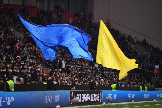 Bilder des Jahres 2022, Sport 03 März Sport Themen der Woche KW11 Sport Bilder des Tages Leverkusen, Germany - 17 March 2022: Save Ukraine. The match of UEFA Europa League Bayer Leverkusen vs Atalanta Bergamo Copyright: xVITALIIxKLIUIEVx