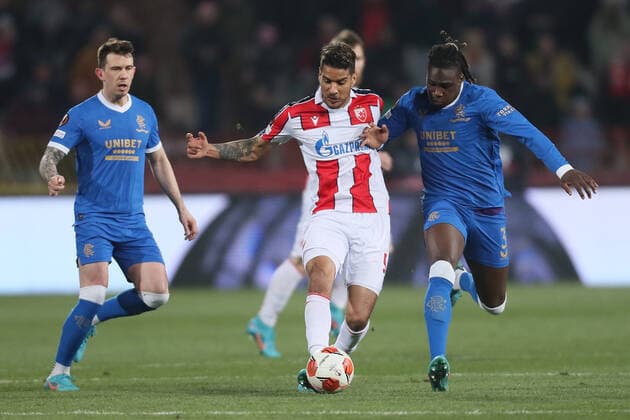 Red Star s Ohi Omoijuanfo and Rangers Calvin Bassey football Crvena zvezda Red star vs Glasgow Rangers UEFA Europa League match, Rajko Mitic stadium, Belgrade 17.03.2022. Photo: Marko Metlas MN PRESS MarkoxMetlas 