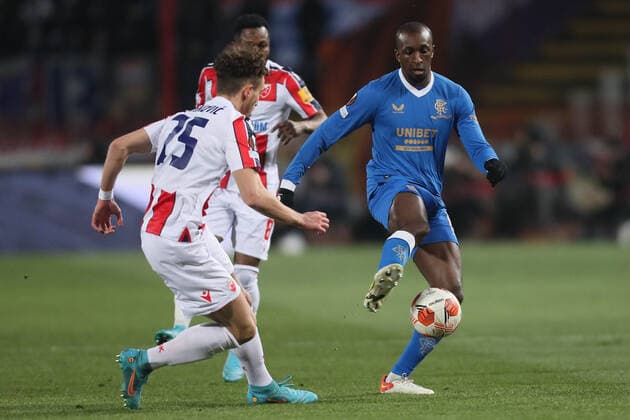 Rangers Glen Kamara and Red Star s Strahinja Erakovic football Crvena zvezda Red star vs Glasgow Rangers UEFA Europa League match, Rajko Mitic stadium, Belgrade 17.03.2022. Photo: Marko Metlas MN PRESS MarkoxMetlas 