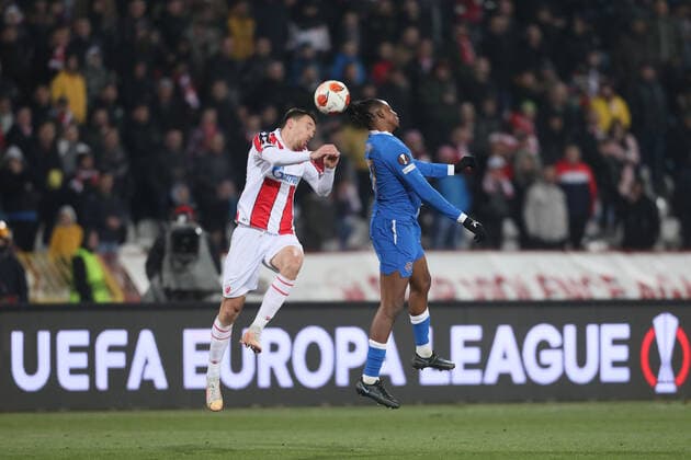 Milan Rodic and Rangers Joe Aribo football Crvena zvezda Red star vs Glasgow Rangers UEFA Europa League match, Rajko Mitic stadium, Belgrade 17.03.2022. Photo: Marko Metlas MN PRESS MarkoxMetlas 