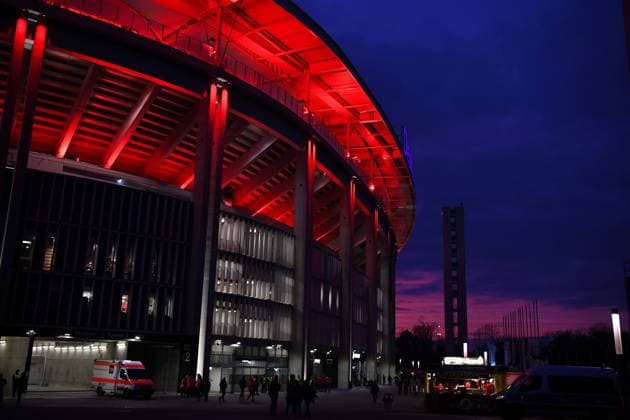 Fußball Europa League Achtelfinale Eintracht Frankfurt - Betis Sevilla am 17.03.2022 im Deutsche Bank Park in Frankfurt Sonnenuntergang Außenansicht Außenaufnahme Panorama Stadion