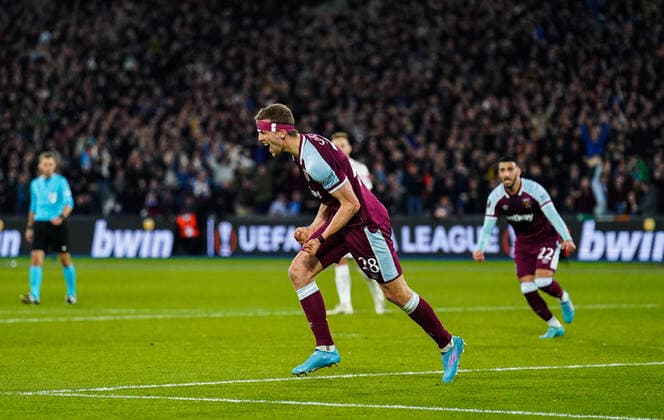 Mandatory Credit: Photo by Jed Leicester Shutterstock (12853355as) Tomas Soucek of West Ham United celebrates scoring the opening goal 1-0 West Ham United v Sevilla, UEFA Europa League, Round of 16, 2nd Leg, Football, The London Stadium, London, UK - 17 Mar 2022 West Ham United v Sevilla, UEFA Europa League, Round of 16, 2nd Leg, Football, The London Stadium, London, UK - 17 Mar 2022  Copyright: xJedxLeicester Shutterstockx 12853355as