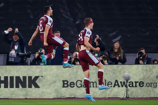 West Ham United v Sevilla UEFA Europa League Tomas Soucek of West Ham United celebrates scoring his sides 1st goal during the UEFA Europa League Round of 16 Second Leg match at the London Stadium, Stratford Content Not Available For UK Newspapers Copyright: xPaulxChestertonx FIL-16673-0012