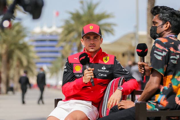 FORMULA 1 GULF AIR BAHRAIN GRAND PRIX 2022, 17 03 2022 Bahrain International Circuit, Sakhir, Bahrain on 17 March 2022 Charles Leclerc 16 (MON), Scuderia Ferrari F1-75 media interview during the FORMULA 1 GULF AIR BAHRAIN GRAND PRIX 2022, Phil Duncan Editorial Use Only Copyright: xPhilxDuncanx ESM-0401-0043