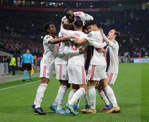 Mandatory Credit: Photo by Nderim Kaceli LiveMedia Shutterstock (12854348ah) Moussa Dembele of Olympique Lyonnais celebrating a goal with team mates football Europa League match Olympique Lyonnais vs FC Porto, Parc Olympique Lyonnais, Lyon, France - 17 Mar 2022 football Europa League match Olympique Lyonnais vs FC Porto, Parc Olympique Lyonnais, Lyon, France - 17 Mar 2022  Copyright: xNderimxKaceli LiveMedia Shutterstockx 12854348ah