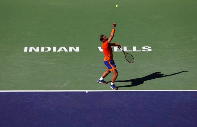 March 17, 2022 Rafael Nadal of Spain serves against Nick Kyrgios of Australia during the 2022 BNP Paribas Open at Indian Wells Tennis Garden in Indian Wells, California. Mandatory Photo Credit: CSM. Indian Wells United States of America - ZUMAc04_ 20220317_zaf_c04_115 Copyright: xCharlesxBausx