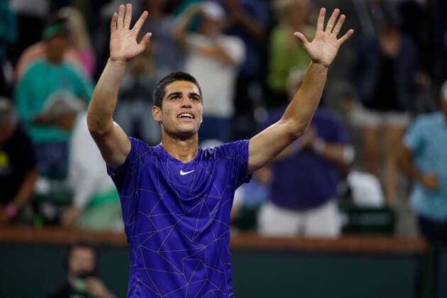 March 17, 2022 Carlos Alcaraz of Spain reacts to winning his match against Cameron Norrie of Great Britain during the quarterfinals of the 2022 BNP Paribas Open at Indian Wells Tennis Garden in Indian Wells, California. Mandatory Photo Credit: CSM. Indian Wells United States of America - ZUMAc04_ 20220317_zaf_c04_176 Copyright: xCharlesxBausx