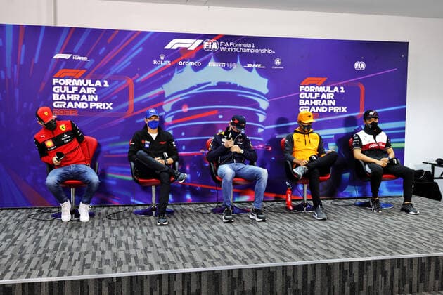 LECLERC Charles (mco), Scuderia Ferrari F1-75, portrait SCHUMACHER Mick (ger), Haas F1 Team VF-22 Ferrari, portrait VERSTAPPEN Max (ned), Red Bull Racing RB18, portrait NORRIS Lando (gbr), McLaren F1 Team MCL36, portrait press conference, PK, Pressekonferenz press conference during the Formula 1 Gulf Air Bahrain Grand Prix 2022, 1st round of the 2022 FIA Formula One World Championship, WM, Weltmeisterschaft on the Bahrain International Circuit, from March 18 to 20, 2022 in Sakhir, Bahrain - F1 - BAHRAIN GRAND PRIX 2022 DPPI Panoramic 016A3840