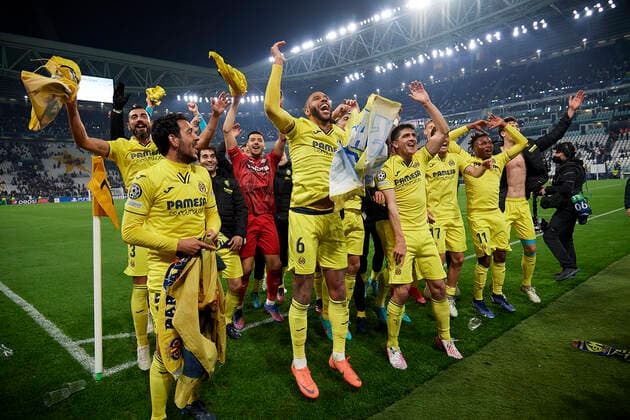 Juventus v Villarreal CF: Round Of Sixteen Leg Two - UEFA Champions League Villarreal players celebrate victory after the UEFA Champions League Round Of Sixteen Leg Two match between Juventus and Villarreal CF at Juventus Stadium on March 16, 2022 in Turin, Italy. Turin Italy  Copyright: xJosexBretonx originalFilename:breton-juventus220316_npKeC.jpg