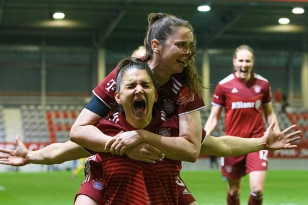 Munich, Germany, Mar 18th 2022: Jovana Damnjanovic (9 FC Bayern Munich) and Sarah Zadrazil (25 FC Bayern Munich) celebrating during the Flyeralarm Frauen Bundesliga match between FC Bayern Munich and Eintracht Frankfurt at FC Bayern Campus, Munich. Sven Beyrich SPP FC Bayern Munich v Eintracht Frankfurt - Flyeralarm Frauenbundesliga - FC Bayern Campus 
