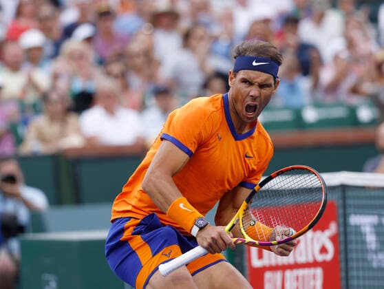 March 19, 2022 Rafael Nadal of Spain reacts to winning a point against Carlos Alcaraz of Spain during the semifinals match of the 2022 BNP Paribas Open at Indian Wells Tennis Garden in Indian Wells, California. Indian Wells United States of America - ZUMAc04_ 20220319_zaf_c04_205 Copyright: xCharlesxBausx