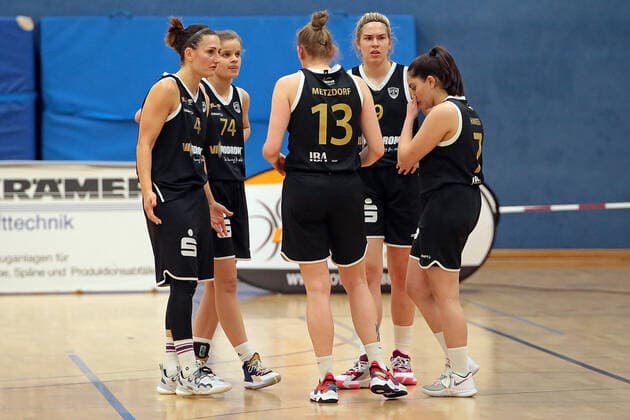 19.03.2022, xovx, Basketball Damen 2. Bundesliga DBBL, Bender Baskets Grünberg - USV Vimodrom Baskets Jena v.l. Lena Rothämel (USV Baskets Jena), Annika Schwarz (USV Baskets Jena), Anna-Sophie Metzdorf (USV Baskets Jena), Lilly Feistkorn (USV Baskets Jena), Alina Hamzei (USV Baskets Jena) enttäuscht, enttäuscht schauend Grünberg Sporthalle Theo-Koch-Schule Hessen Deutschland (DE)