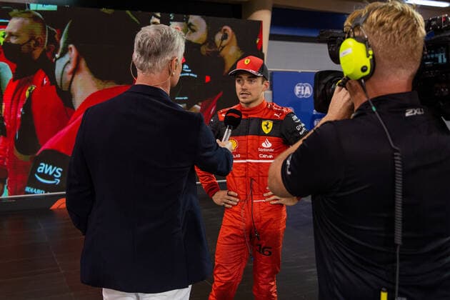 FORMULA 1 GULF AIR BAHRAIN GRAND PRIX 2022, 19 03 2022 Bahrain International Circuit, Sakhir, Bahrain on 19 March 2022 Charles Leclerc 16 (MON), Scuderia Ferrari F1-75 pole position media interview during the FORMULA 1 GULF AIR BAHRAIN GRAND PRIX 2022, Phil Duncan Editorial Use Only Copyright: xPhilxDuncanx ESM-0409-0061