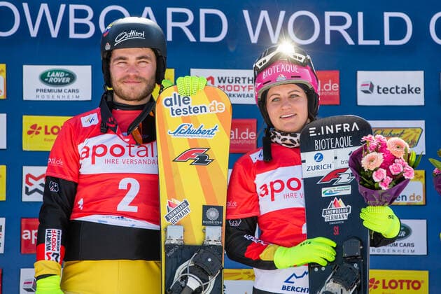 SNOWBOARDING - FIS WC Berchtesgaden BERCHTESGADEN,GERMANY,20.MAR.22 - SNOWBOARDING - FIS World Cup, mixed team event, ladies, men. Image shows Stefan Baumeister (GER) and Ramona Theresia Hofmeister (GER).  GEPAxpictures xGintarexKarpaviciute