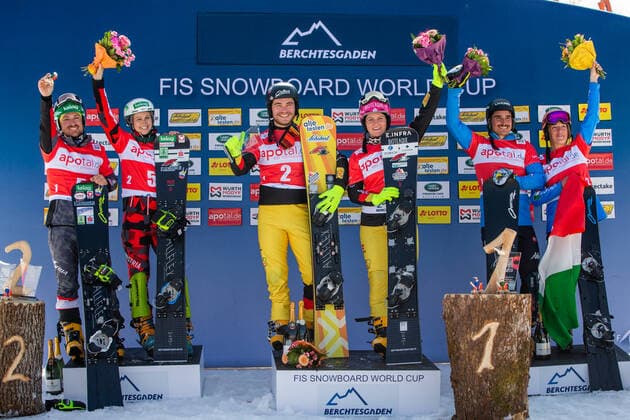 SNOWBOARDING - FIS WC Berchtesgaden BERCHTESGADEN,GERMANY,20.MAR.22 - SNOWBOARDING - FIS World Cup, mixed team event, ladies, men. Image shows Alexander Payer (AUT), Sabine Schoeffmann (AUT), Stefan Baumeister (GER), Ramona Theresia Hofmeister (GER), Maurizio Bormolini (ITA) and Elisa Caffont (ITA).  GEPAxpictures xGintarexKarpaviciute
