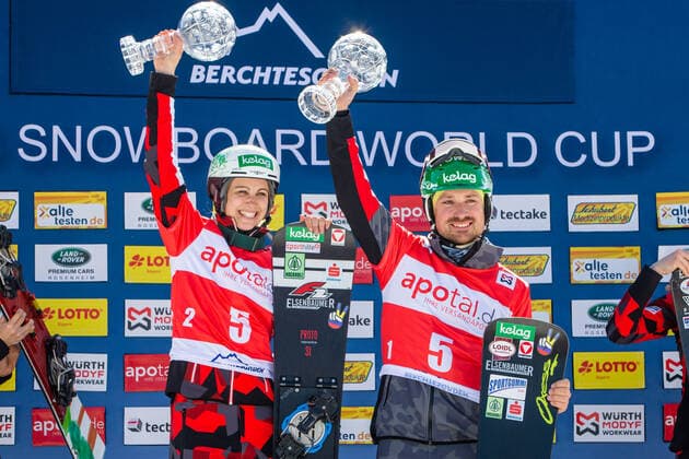 SNOWBOARDING - FIS WC Berchtesgaden BERCHTESGADEN,GERMANY,20.MAR.22 - SNOWBOARDING - FIS World Cup, mixed team event, ladies, men. Image shows Sabine Schoeffmann (AUT) and Alexander Payer (AUT).  GEPAxpictures xGintarexKarpaviciute