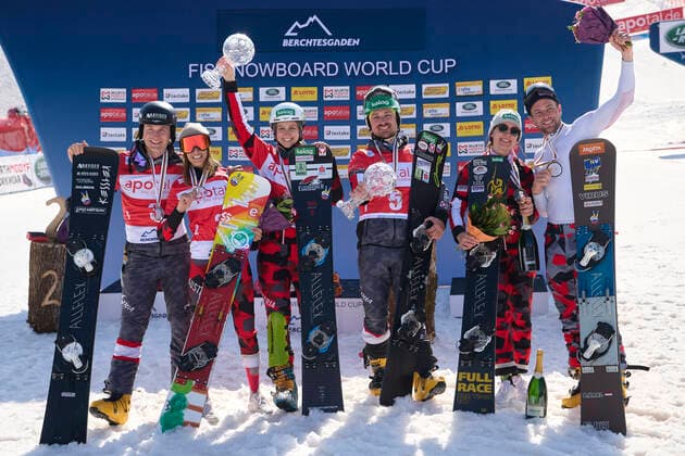 Berchtesgaden, Deutschland 20. März 2022: FIS Snowboard Weltcup Finale - 2021 2022 - Parallel Slalom - Berchtesgaden - 20.03.2022 Sieger Gesamtweltcup: v.li. Benjamin Karl (AUT), Daniela Ulbing (AUT), Sabine Schoeffmann (AUT), Alexander Payer (AUT), Julia Dujmovits (AUT) und Arvid Auner (AUT) Bischofswiesen Götschen Bayern Copyright: xFotostandx xWassmuthx