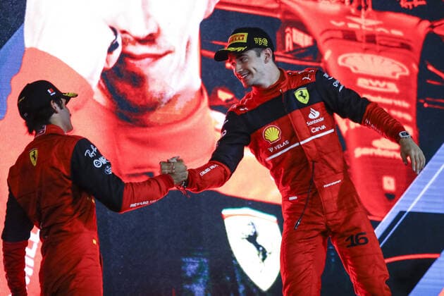 SAINZ Carlos (spa), Scuderia Ferrari F1-75, portrait LECLERC Charles (mco), Scuderia Ferrari F1-75, portrait podium during the Formula 1 Gulf Air Bahrain Grand Prix 2022, 1st round of the 2022 FIA Formula One World Championship, WM, Weltmeisterschaft on the Bahrain International Circuit, from March 18 to 20, 2022 in Sakhir, Bahrain - F1 - BAHRAIN GRAND PRIX 2022 - RACE DPPI Panoramic 00122005__B3_9503