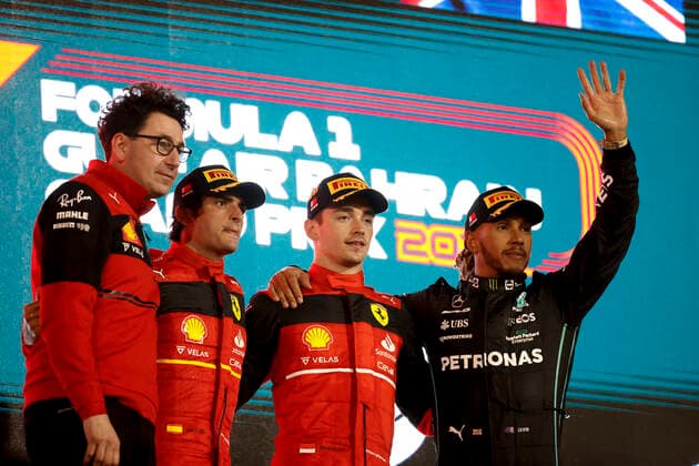 Mattia Binotto (ITA, Scuderia Ferrari), 55 Carlos Sainz (ESP, Scuderia Ferrari), 16 Charles Leclerc (MCO, Scuderia Ferrari), 44 Lewis Hamilton (GBR, Mercedes-AMG Petronas F1 Team), F1 Grand Prix of Bahrain at Bahrain International Circuit on March 20, 2022 in Sakhir, Bahrain. (Photo by HOCH ZWEI) Sakhir Bahrain
