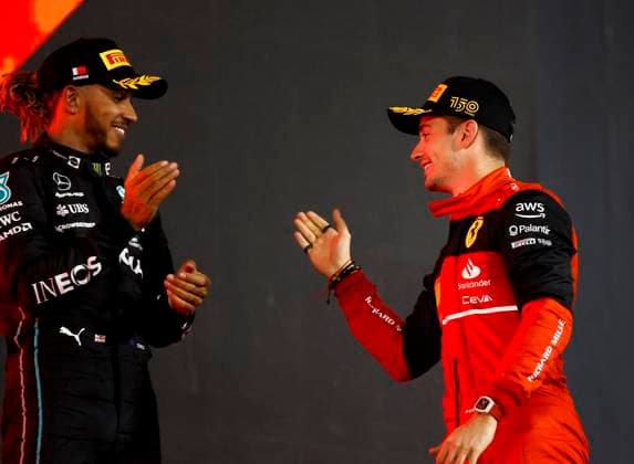 44 Lewis Hamilton (GBR, Mercedes-AMG Petronas F1 Team), 16 Charles Leclerc (MCO, Scuderia Ferrari), F1 Grand Prix of Bahrain at Bahrain International Circuit on March 20, 2022 in Sakhir, Bahrain. (Photo by HOCH ZWEI) Sakhir Bahrain