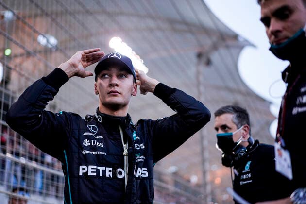 March 20, 2022, Sakhir, Bahrain: GEORGE RUSSELL of Great Britain and Mercedes-AMG F1 Team on the starting grid before the 2022 FIA Formula 1 Bahrain Grand Prix at Bahrain International Circuit in Sakhir, Bahrain. Sakhir Bahrain - ZUMAg147 20220320_zap_g147_035 Copyright: xJamesxGasperottix