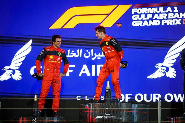 55 Carlos Sainz (ESP, Scuderia Ferrari), 16 Charles Leclerc (MCO, Scuderia Ferrari), F1 Grand Prix of Bahrain at Bahrain International Circuit on March 20, 2022 in Sakhir, Bahrain. (Photo by HOCH ZWEI) Sakhir Bahrain