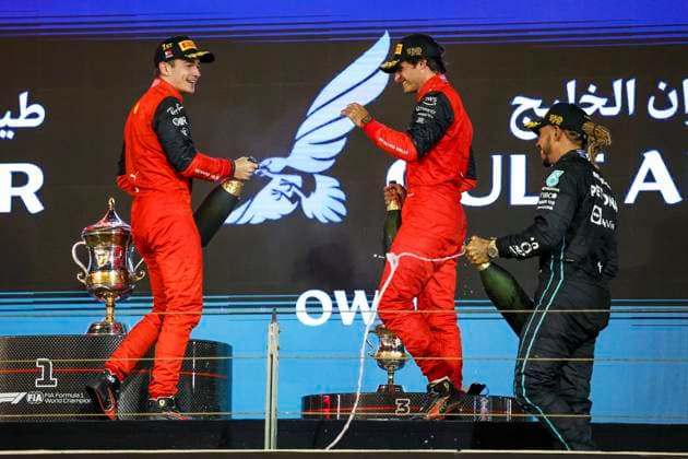 16 Charles Leclerc (MCO, Scuderia Ferrari), 55 Carlos Sainz (ESP, Scuderia Ferrari), 44 Lewis Hamilton (GBR, Mercedes-AMG Petronas F1 Team), F1 Grand Prix of Bahrain at Bahrain International Circuit on March 20, 2022 in Sakhir, Bahrain. (Photo by HOCH ZWEI) Sakhir Bahrain
