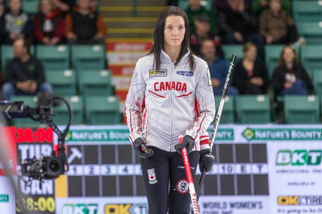 March 20, 2022, Prince George, BC, CANADA: Canada skip Kerri Einarson sets a target for her teammates at CN Centre on Sunday afternoon at the Womens World Curling in Prince George, B.C., Sunday, March 20, 2022. Canada News - March 20, 2022  - ZUMAc35_ 20220320_zaf_c35_072 Copyright: xJamesxDoylex