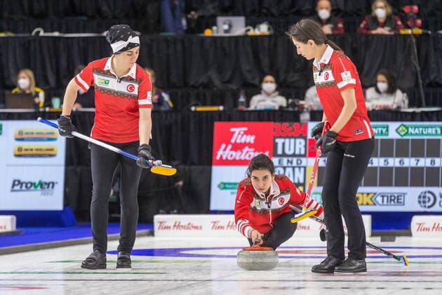 March 20, 2022, Prince George, BC, CANADA: Turkey skip Dilsat Yildiz throws a stone while lead Ayse Gozutok, left, and second Berfin Sengul prepare to sweep at CN Centre on Sunday afternoon at the Womens World Curling in Prince George, B.C., Sunday, March 20, 2022. Canada News - March 20, 2022 - ZUMAc35_ 20220320_zaf_c35_081 Copyright: xJamesxDoylex