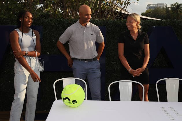 March 20, 2022, Miami, Florida, United States Of America: MIAMI, FLORIDA - MARCH 20: Coco Gauff, James Blake, Anett Kontaveit attends the 2022 Miami Open Womens Draw Ceremony Hosted by Ruthie Polinksi of NBC6, the Miami Open Womens Draw ceremony will feature World No. 5 Anett Kontaveit, and Florida-native Coco Gauff, tournament director James Blake, and co-tournament referee Pam Whytcross at The Wharf on March 20, 2022 in Miami, Florida...People: Coco Gauff, James Blake, Anett Kontaveit Miami United States Of America - ZUMAs214 20220320_zda_s214_019 Copyright: xSMGx