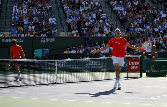 Mandatory Credit: Photo by Ella Ling Shutterstock (12853677q) Taylor Fritz of USA celebrates playing against Rafael Nadal of Spain BNP Paribas Open, Tennis, Day 12, Indian Wells Tennis Garden, California, USA - 20 Mar 2022 BNP Paribas Open, Tennis, Day 12, Indian Wells Tennis Garden, California, USA - 20 Mar 2022 Copyright: xEllaxLing Shutterstockx 12853677q