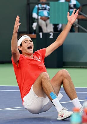 INDIAN WELLS, CA - MARCH 20: Taylor Fritz of the United States reacts after defeating Rafael Nadal of Spain in straight sets of a tennis finals match played at the BNP Paribas Open on March 20, 2022 at the Indian Wells Tennis Garden in Indian Wells,CA. (Photo by John Cordes Icon Sportswire) TENNIS: MAR 20 BNP Paribas Open Women s Final Icon506220320203