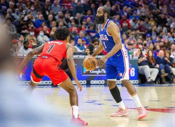 Philadelphia, Pennsylvania, United States of America, March 20th 2022: James Harden (76ers 1) trying to go forward during the National Basketball Association game between the Philadelphia 76ers and Toronto Raptors at Wells Fargo Center in Philadelphia, PA Georgia Soares SPP Philadelphia 76ers v Toronto Raptors 