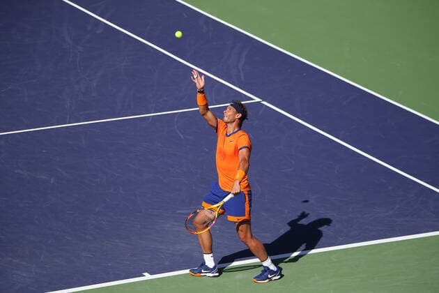 INDIAN WELLS, CA - MARCH 20: Rafael Nadal (ESP) serves during the BNP Paribas Open MenÕs Final on March 20, 2022 at Indian Wells Tennis Garden in Indian Wells, CA. (Photo by George Walker Icon Sportswire) TENNIS: MAR 20 BNP Paribas Open Men s Final Icon220320024