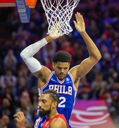 Philadelphia, Pennsylvania, United States of America, March 20th 2022: Tobias Harris (76ers 12) after his dunk during the National Basketball Association game between the Philadelphia 76ers and Toronto Raptors at Wells Fargo Center in Philadelphia, PA Georgia Soares SPP Philadelphia 76ers v Toronto Raptors 