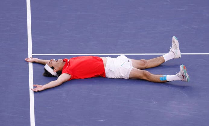 March 20, 2022 Taylor Fritz celebrates winning match point against Rafael Nadal of Spain during the finals match of the 2022 BNP Paribas Open at Indian Wells Tennis Garden in Indian Wells, California. Indian Wells United States of America - ZUMAc04_ 20220320_zaf_c04_042 Copyright: xCharlesxBausx