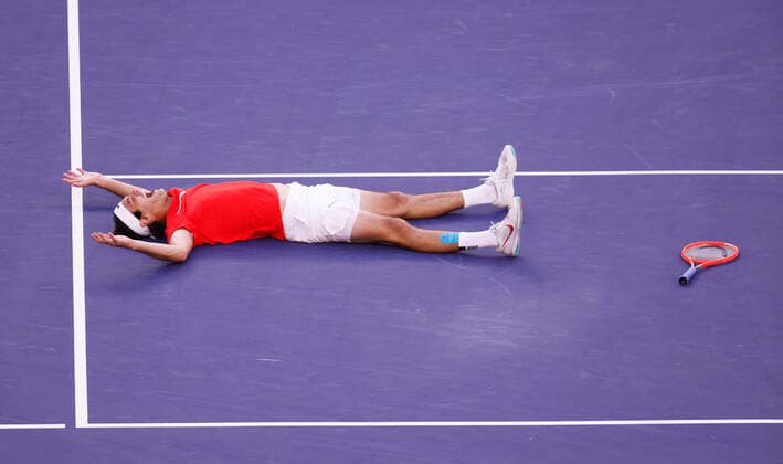 March 20, 2022 Taylor Fritz celebrates winning match point against Rafael Nadal of Spain during the finals match of the 2022 BNP Paribas Open at Indian Wells Tennis Garden in Indian Wells, California. Indian Wells United States of America - ZUMAc04_ 20220320_zaf_c04_043 Copyright: xCharlesxBausx