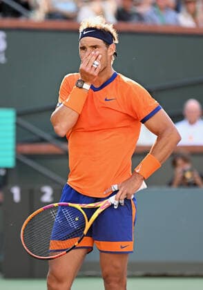 INDIAN WELLS, CA - MARCH 20: Rafael Nadal of Spain reacts after losing a point during a finals tennis match at the BNP Paribas Open played on March 20, 2022 at the Indian Wells Ennis Garden in Indian Wells, CA. (Photo by John Cordes Icon Sportswire) TENNIS: MAR 20 BNP Paribas Open Men s Final Icon506220320220