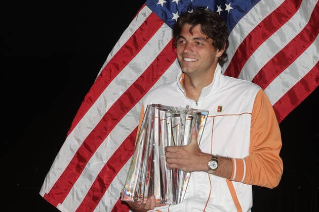 INDIAN WELLS, CA - MARCH 20: Taylor Fritz (USA) poses with the trophy after winning the BNP Paribas Open MenÕs Final on March 20, 2022 at Indian Wells Tennis Garden in Indian Wells, CA. (Photo by George Walker Icon Sportswire) TENNIS: MAR 20 BNP Paribas Open Men s Final Icon220320050