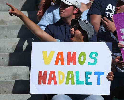 A fan holds a sign supporting Rafael Nadal of Spain during the men s final match between Nadal and American Taylor Fritz at the BNP Paribas Open in Indian Wells, California on Sunday, March 20, 2022. Fritz defeated Nadel 6-3, 7-6 (5) to win the championship and his first ATP, Tennis Herren Masters 1000 tournament.  IDW20220320038 DAVIDxSILPA