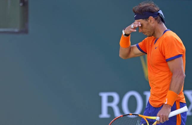 Rafael Nadal of Spain reacts after a shot during his men s final match against American Taylor Fritz at the BNP Paribas Open in Indian Wells, California on Sunday, March 20, 2022. Fritz defeated Nadel 6-3, 7-6 (5) to win the championship and his first ATP, Tennis Herren Masters 1000 tournament.  IDW20220320051 DAVIDxSILPA